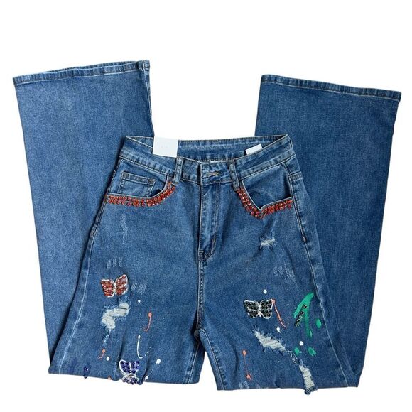 MÁS FASHION Embellished Wide Leg Jeans Size M - Picture 5 of 11